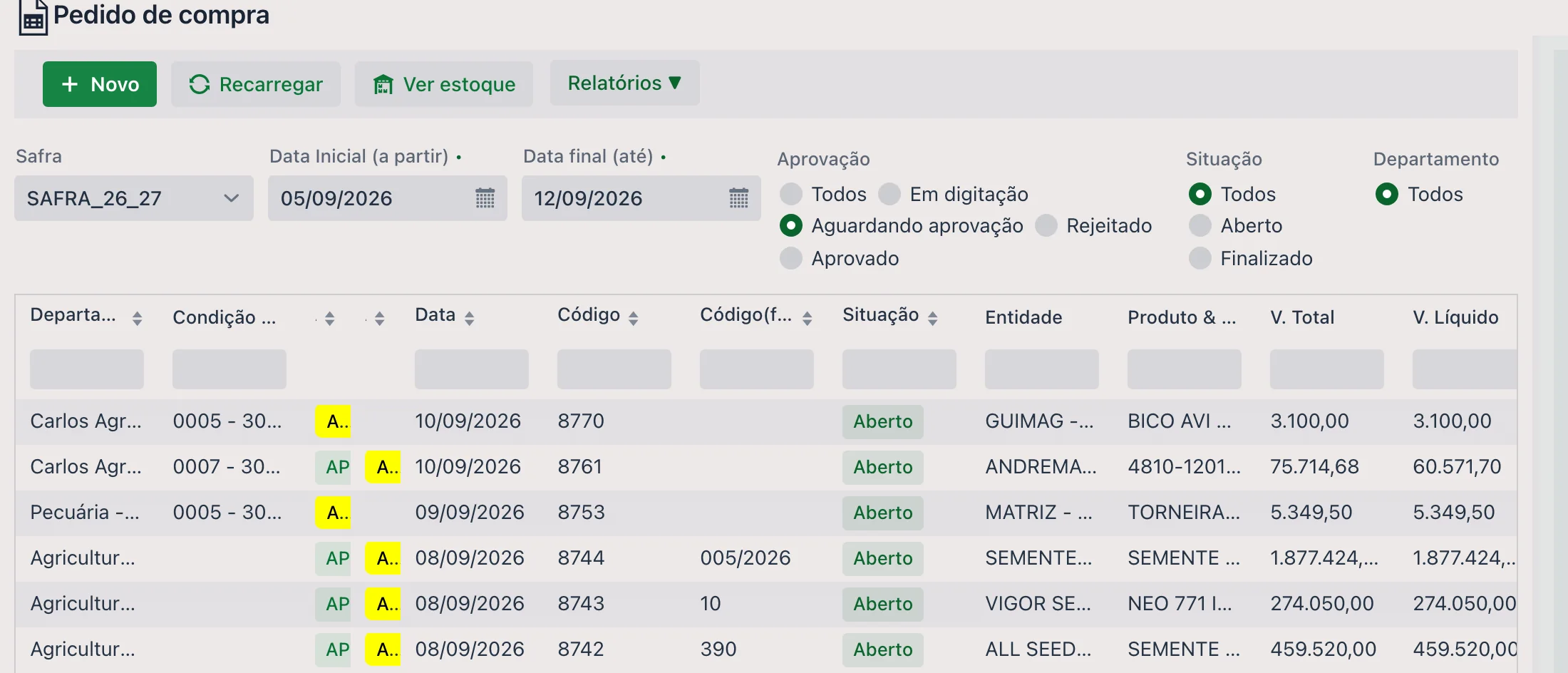 Listagem da tela Pedido de compra: botões Novo, Recarregar, Ver estoque e Relatórios ▼; filtros Safra, Data Inicial (a partir), Data final (até), Aprovação (Todos, Em digitação, Aguardando aprovação, Rejeitado, Aprovado), Situação (Todos, Aberto, Finalizado) e Departamento; grade com Departamento, Condição de pagamento, as duas colunas de aprovação em etiquetas coloridas, Data, Código, Código(fornecedor), Situação, Entidade, Produto & Serviço, V. Total e V. Líquido.